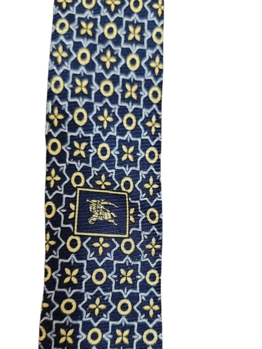 Burberry London 100% Silk Navy Gold Geometric Medallion Tie Made Italy